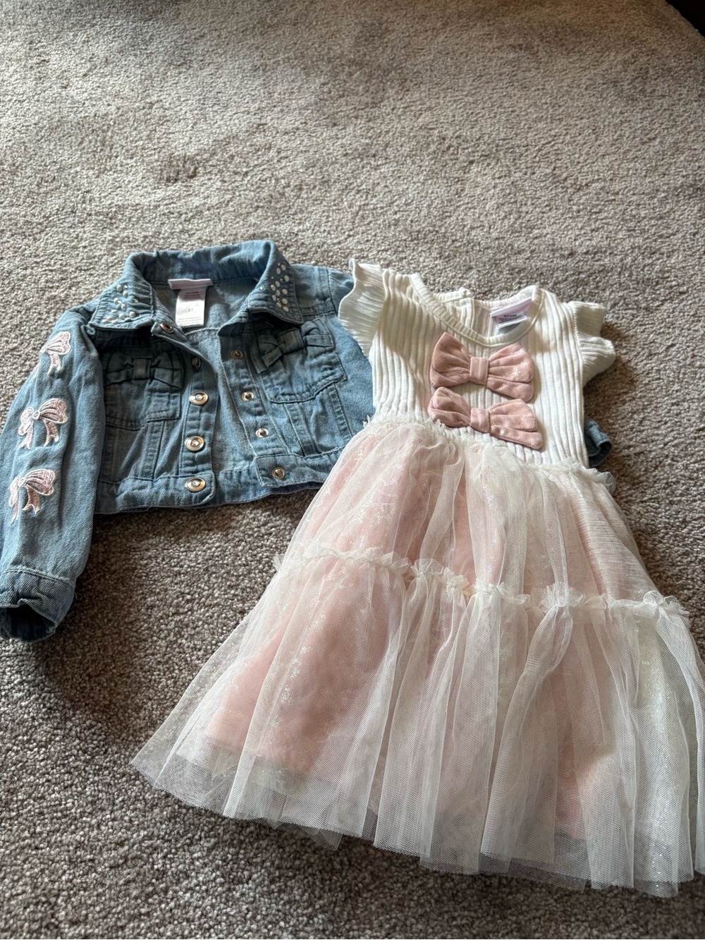 Little Lass Pink and White Tulle Dress with Light Blue Denim Jacket